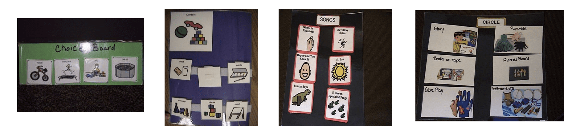 Four images display visual aids, likely for teaching or communication.